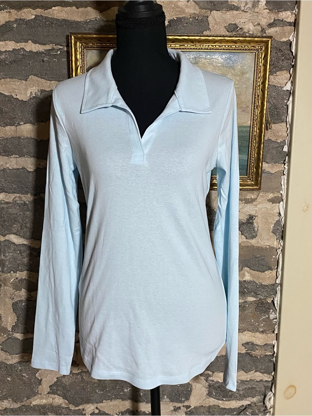Eddie Bauer Light Blue Long Sleeve Polo Shirt with Johnny Collar